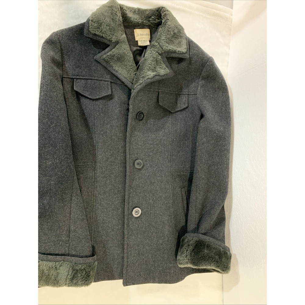 St. Johns Bay Womens Preppy Wool Coat Size Large Black Faux Fur